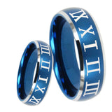 8mm Roman Numeral Dome Brushed Blue 2 Tone Tungsten Mens Engagement Band