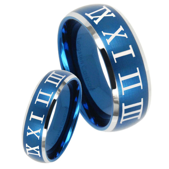 His Hers Roman Numeral Dome Brushed Blue 2 Tone Tungsten Men's Ring Set
