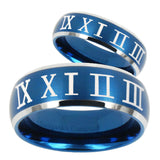 His Hers Roman Numeral Dome Brushed Blue 2 Tone Tungsten Men's Ring Set