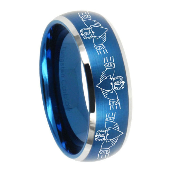 8mm Irish Claddagh Dome Brushed Blue 2 Tone Tungsten Men's Engagement Band