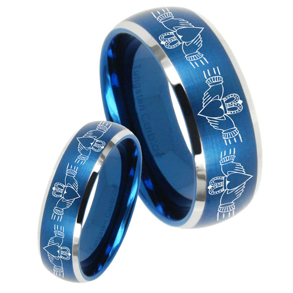 His Hers Irish Claddagh Dome Brushed Blue 2 Tone Tungsten Mens Promise Ring Set