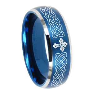 8mm Celtic Cross Dome Brushed Blue 2 Tone Tungsten Carbide Mens Engagement Ring