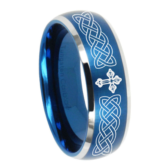 10mm Celtic Cross Dome Brushed Blue 2 Tone Tungsten Carbide Rings for Men