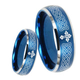 8mm Celtic Cross Dome Brushed Blue 2 Tone Tungsten Carbide Mens Engagement Ring