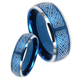 Bride and Groom Celtic Knot Dome Brushed Blue 2 Tone Tungsten Mens Ring Set