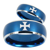 His Hers Maltese Cross Dome Brushed Blue 2 Tone Tungsten Mens Ring Engraved Set