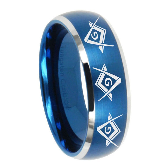 8mm Master Mason Masonic  Dome Brushed Blue 2 Tone Tungsten Carbide Mens Ring