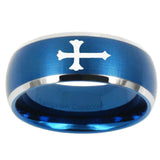10mm Christian Cross Dome Brushed Blue 2 Tone Tungsten Mens Wedding Ring