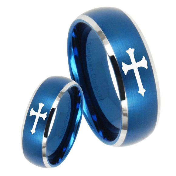 His Hers Christian Cross Dome Brushed Blue 2 Tone Tungsten Mens Wedding Band Set