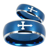 His Hers Christian Cross Dome Brushed Blue 2 Tone Tungsten Mens Wedding Band Set