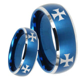 8mm 4 Maltese Cross Dome Brushed Blue 2 Tone Tungsten Wedding Band Ring