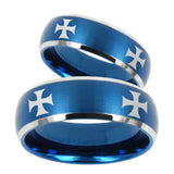 His Hers 4 Maltese Cross Dome Brushed Blue 2 Tone Tungsten Engraving Ring Set