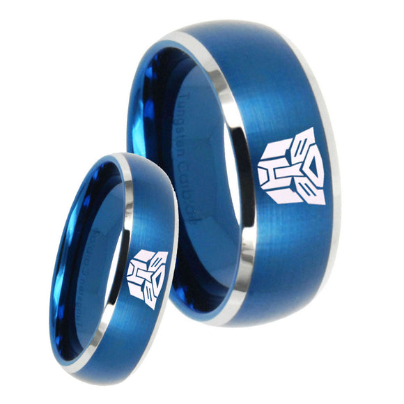 His Hers Transformers Autobot Dome Brushed Blue 2 Tone Tungsten Custom Mens Ring Set