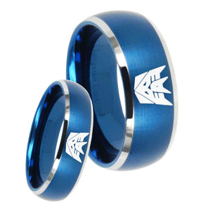 His Hers Decepticon Transformers Dome Brushed Blue 2 Tone Tungsten Men Ring Set