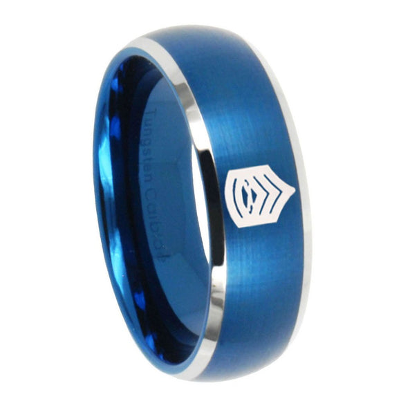 8mm Army Sergeant Major Dome Brushed Blue 2 Tone Tungsten Carbide Mens Ring
