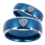 Bride and Groom CTR Dome Brushed Blue 2 Tone Tungsten Carbide Bands Ring Set