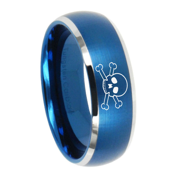 10mm Skull Dome Brushed Blue 2 Tone Tungsten Carbide Bands Ring