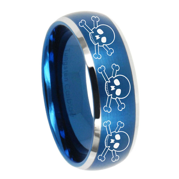 10mm Multiple Skull Dome Brushed Blue 2 Tone Tungsten Custom Ring for Men