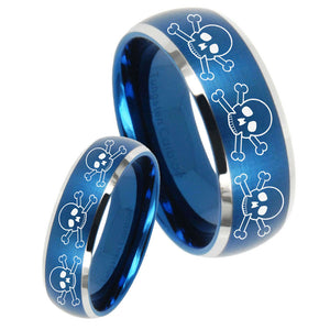 His Hers Multiple Skull Dome Brushed Blue 2 Tone Tungsten Men's Band Ring Set
