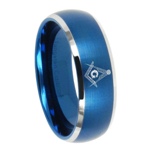 8mm Master Mason Dome Brushed Blue 2 Tone Tungsten Carbide Mens Bands Ring