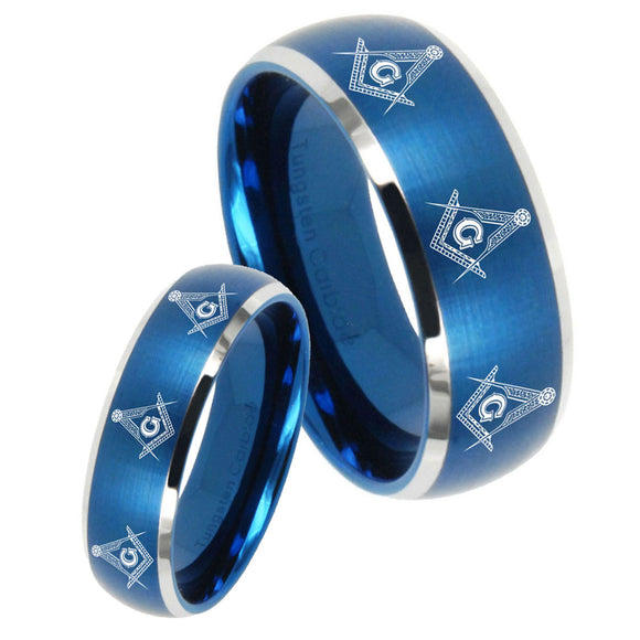 His Hers Multiple Master Mason Dome Brushed Blue 2 Tone Tungsten Ring Set