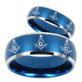 His Hers Multiple Master Mason Dome Brushed Blue 2 Tone Tungsten Ring Set