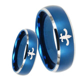 8mm Fleur De Lis Dome Brushed Blue 2 Tone Tungsten Carbide Mens Wedding Ring