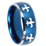 10mm Multiple Fleur De Lis Dome Brushed Blue 2 Tone Tungsten Carbide Mens Ring