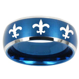 10mm Multiple Fleur De Lis Dome Brushed Blue 2 Tone Tungsten Carbide Mens Ring