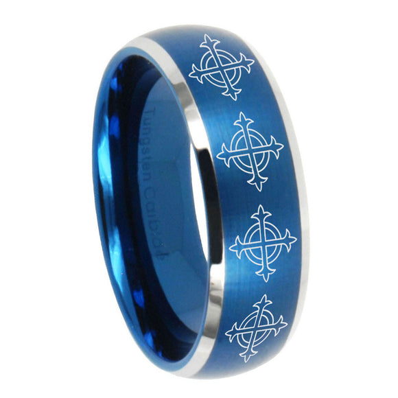 10mm Multiple Crosses Dome Brushed Blue 2 Tone Tungsten Wedding Bands Ring