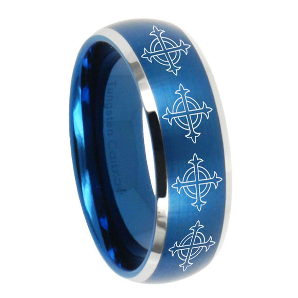8mm Multiple Crosses Dome Brushed Blue 2 Tone Tungsten Men's Wedding Ring