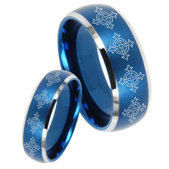 His Hers Multiple Crosses Dome Brushed Blue 2 Tone Tungsten Rings for Men Set
