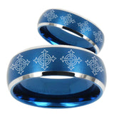 His Hers Multiple Crosses Dome Brushed Blue 2 Tone Tungsten Rings for Men Set