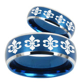 His Hers Multiple Fleur De Lis Dome Brushed Blue 2 Tone Tungsten Ring Set