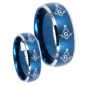 His Hers Multiple Master Mason Masonic Dome Brushed Blue 2 Tone Tungsten Men's Band Set