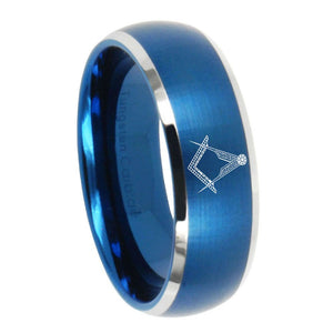 8mm Masonic Dome Brushed Blue 2 Tone Tungsten Carbide Mens Ring Engraved