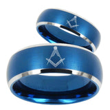 His Hers Masonic Dome Brushed Blue 2 Tone Tungsten Men's Wedding Band Set