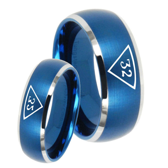 His and Hers Masonic 32 Triangle Freemason Dome Brushed Blue 2 Tone Tungsten Anniversary Ring Set