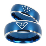 His and Hers Masonic 32 Triangle Freemason Dome Brushed Blue 2 Tone Tungsten Anniversary Ring Set