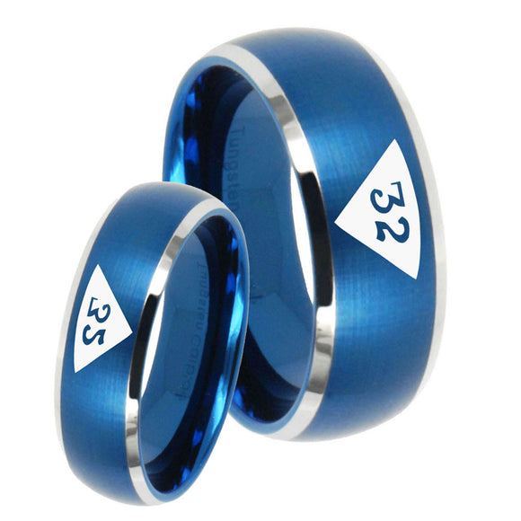 His and Hers Masonic 32 Triangle Design Freemason Dome Brushed Blue 2 Tone Tungsten Anniversary Ring Set
