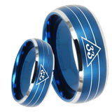 8mm Masonic 32 Duo Line Freemason Dome Brushed Blue 2 Tone Tungsten Carbide Wedding Bands Ring
