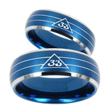 His and Hers Masonic 32 Duo Line Freemason Dome Brushed Blue 2 Tone Tungsten Anniversary Ring Set