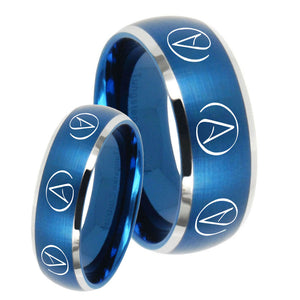 His Hers Atheist Design Dome Brushed Blue 2 Tone Tungsten Mens Band Set