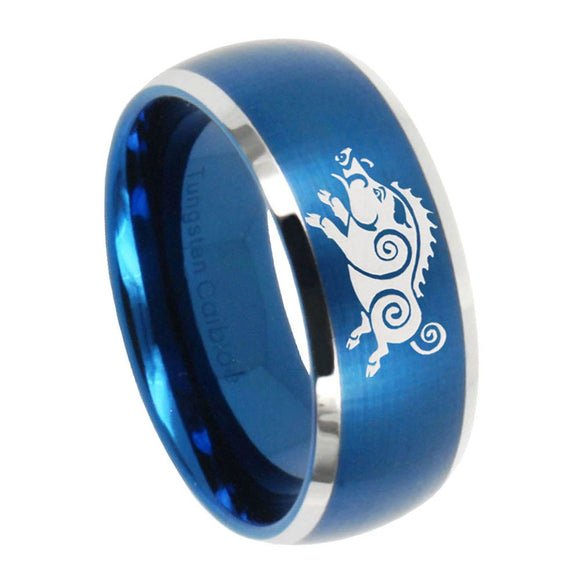 8mm Wild Boar Dome Brushed Blue 2 Tone Tungsten Mens Promise Ring