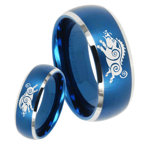 His Hers Wild Boar Dome Brushed Blue 2 Tone Tungsten Men's Ring Set