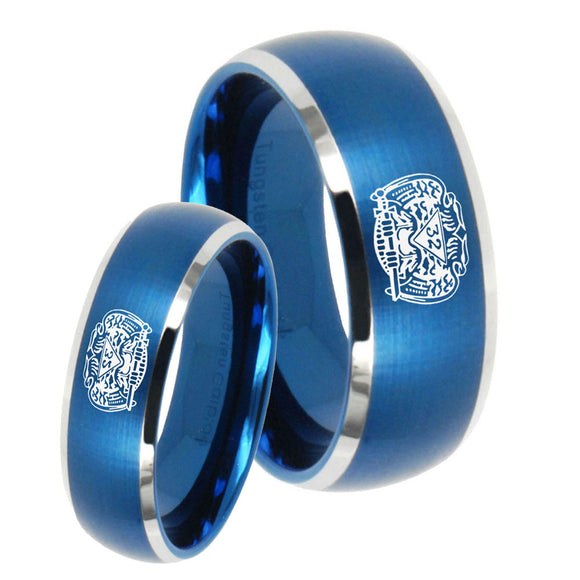 His and Hers Masonic 32 Degree Freemason Dome Brushed Blue 2 Tone Tungsten Anniversary Ring Set