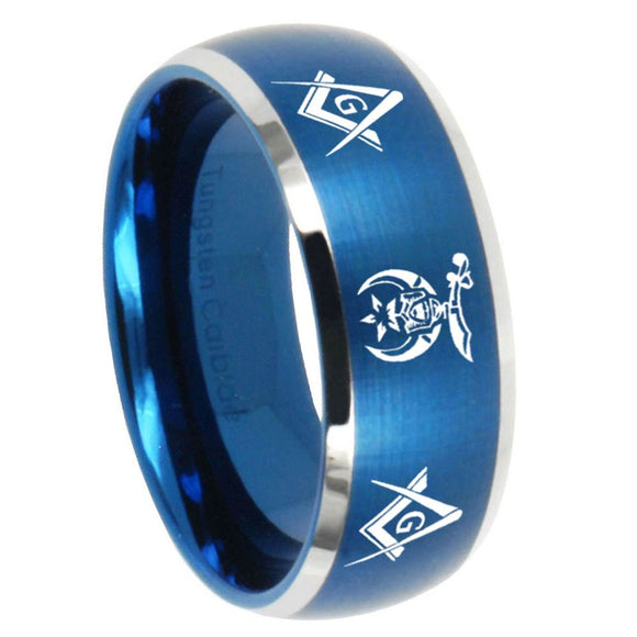 8mm Masonic Shriners Dome Brushed Blue 2 Tone Tungsten Custom Ring for Men