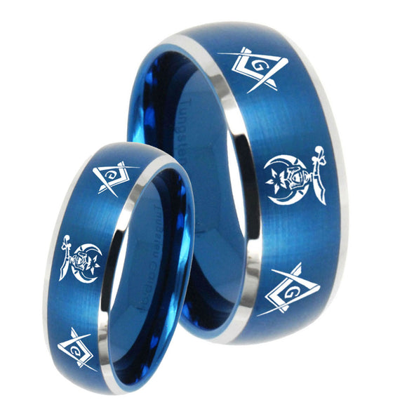 His Hers Masonic Shriners Dome Brushed Blue 2 Tone Tungsten Men's Ring Set