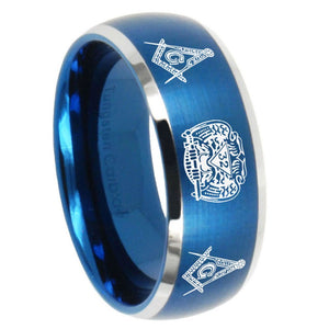 8mm Masonic 32 Design Dome Brushed Blue 2 Tone Tungsten Men's Engagement Band