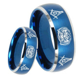 8mm Masonic 32 Design Dome Brushed Blue 2 Tone Tungsten Men's Engagement Band